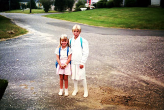 Brianny and Darby Blakeman waiting for the school bus. Mashnee Island, MA. Maybe September 14, 1987